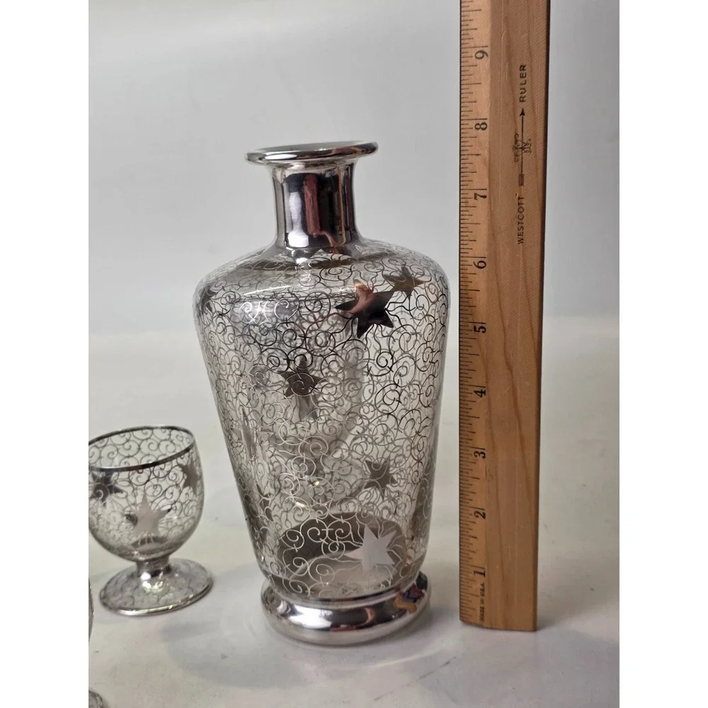 Vintage Saint Graal Silver Overlay Crystal Decanter & Glasses Cosmic Star France